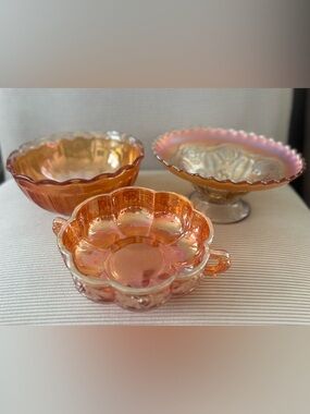 Vintage Carnival Glass Iridescent Orange “marigold” Serving Bowls - Set of 3